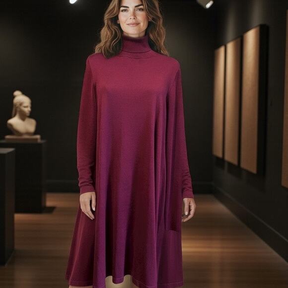 AGB Knit Sweater Dress Burgundy SZ XL Midi Turtle Neck Long Sleeve Minimalist - Picture 1 of 8